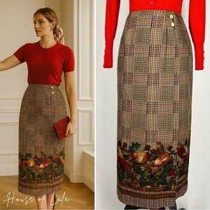 Vintage pencil skirt with novelty print bird pheasant trim Houndstooth checkered